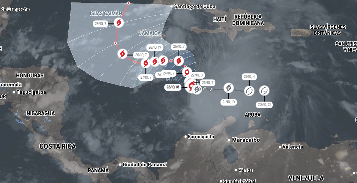 Mapa meteorológico mostrando la posible trayectoria de la tormenta tropical Melissa afectando Haití, Jamaica y República Dominicana