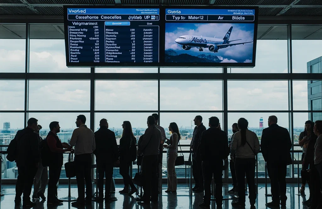 Pasajeros varados en aeropuerto tras la falla tecnológica de Alaska Airlines en octubre de 2025.